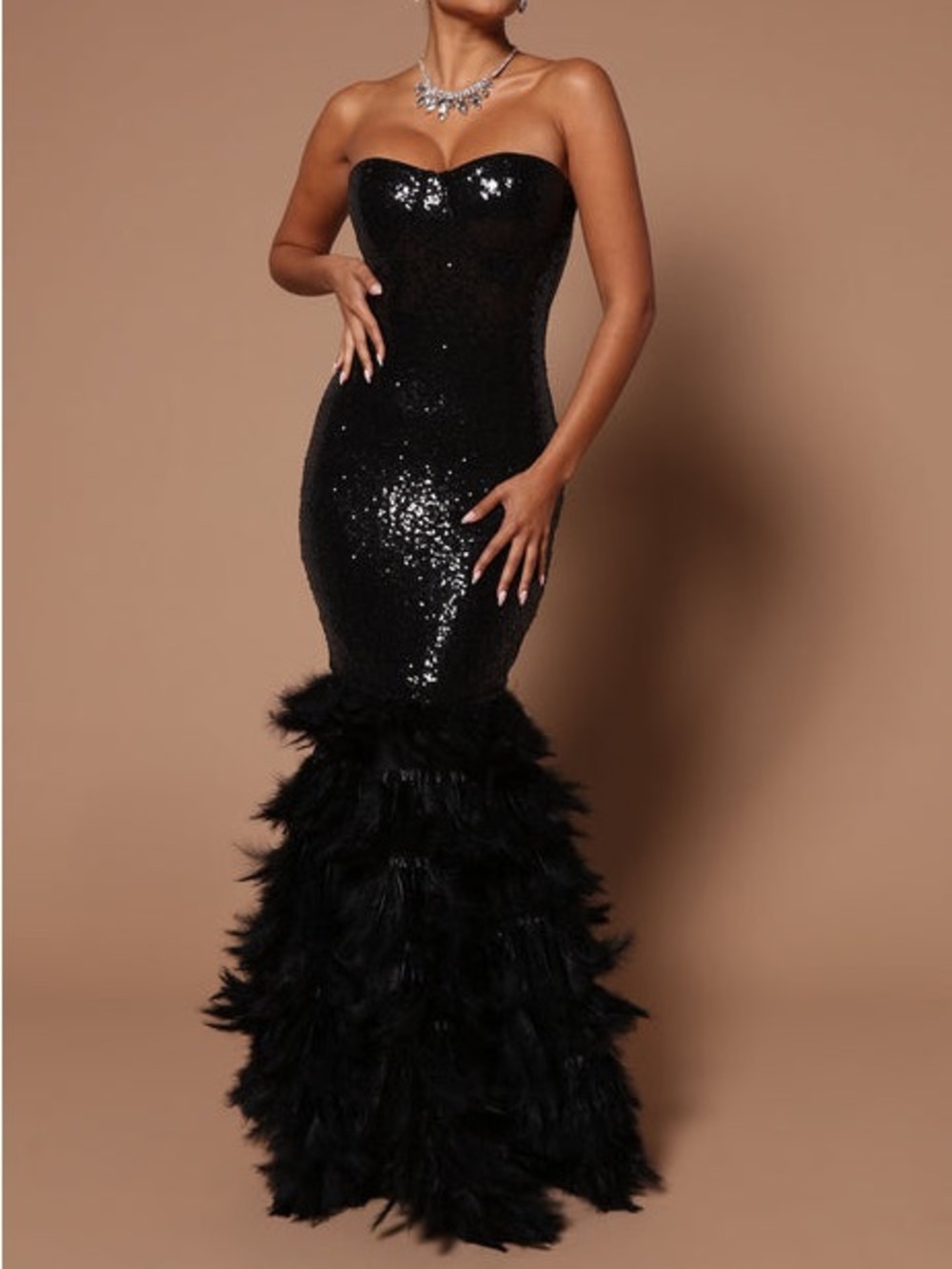 Fashion Nova Strapless Black Sequin Mermaid Gown with Feathered Hem Size XS *NWT